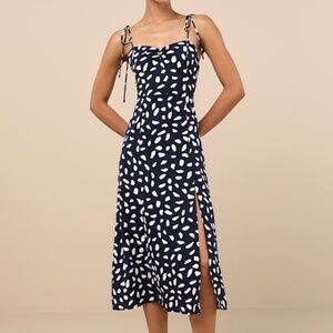 Lulus Party In Paris Navy Blue Print Tie-strap Midi Dress - Size L